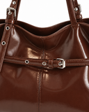 Maren brown buckle shoulder bag, buckle and strap detail