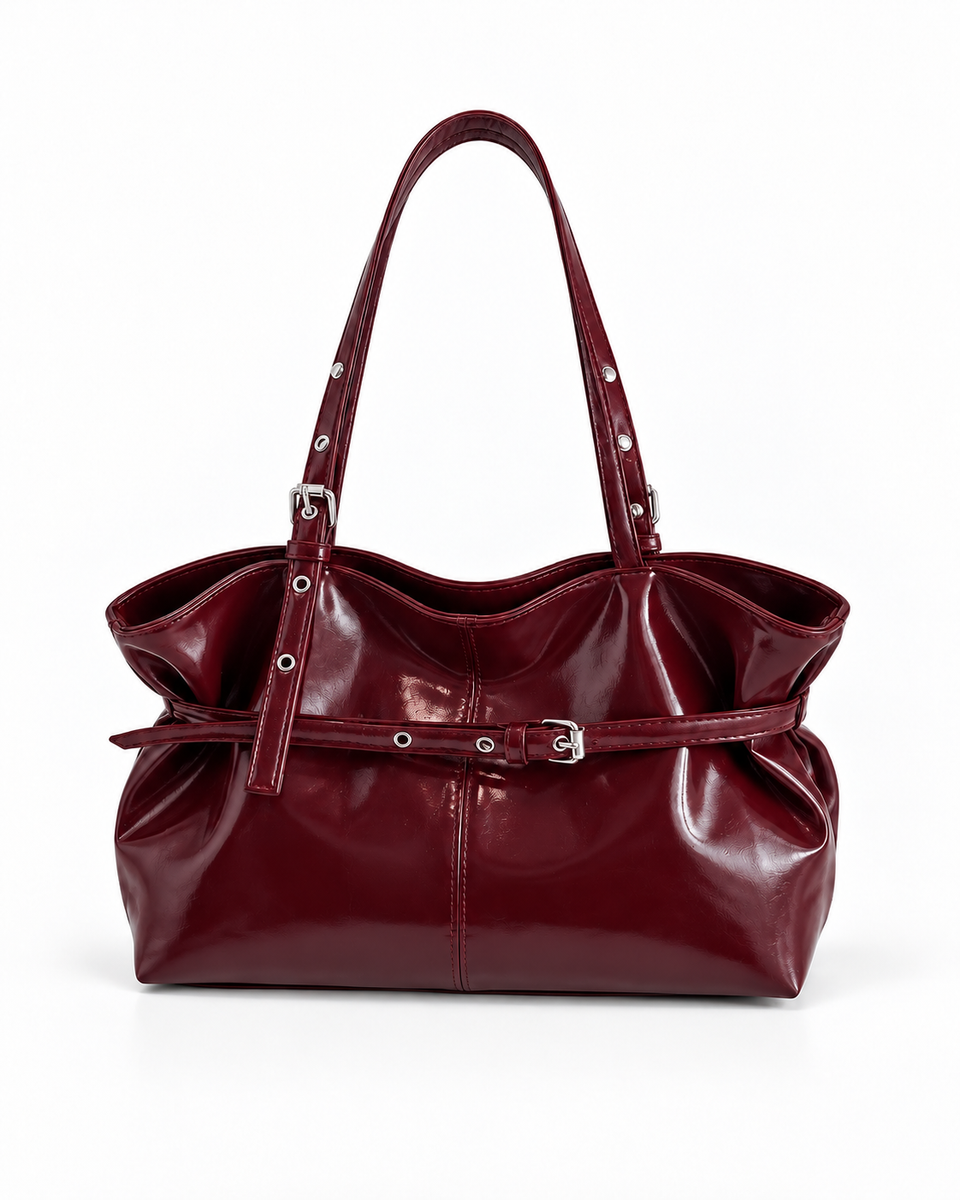 Maren red buckle shoulder bag, front view