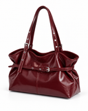 Maren red buckle shoulder bag, angled view