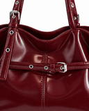 Maren red buckle shoulder bag, buckle and strap detail