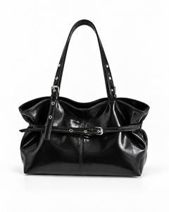 Maren black buckle shoulder bag, front view