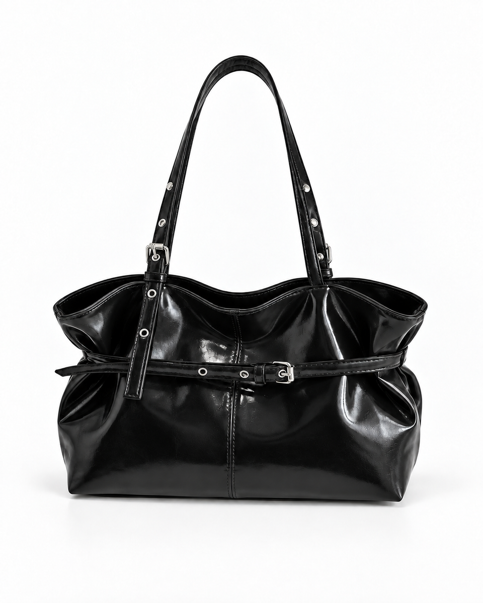 Maren black buckle shoulder bag, front view
