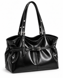 Maren black buckle shoulder bag, angled view