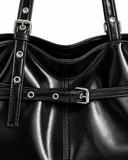 Maren black buckle shoulder bag, buckle and strap detail