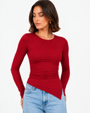 Marlowe Ruched Long Sleeve Top in Red, product view 1