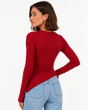 Marlowe Ruched Long Sleeve Top in Red, product view 2