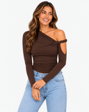 Mila Asymmetric Draped Long Sleeve Top - Brown