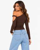 Mila Asymmetric Draped Long Sleeve Top - Brown