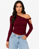 Mila Asymmetric Draped Long Sleeve Top in Wine Red, product view 1