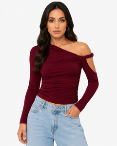 Mila Asymmetric Draped Long Sleeve Top in Wine Red, product view 1