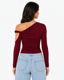 Mila Asymmetric Draped Long Sleeve Top in Wine Red, product view 2