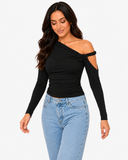 Mila Asymmetric Draped Long Sleeve Top - Black