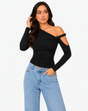 Mila Asymmetric Draped Long Sleeve Top - Black
