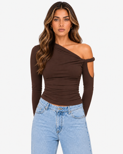 Mila Asymmetric Draped Long Sleeve Top - Brown