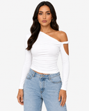 Mila Asymmetric Draped Long Sleeve Top - White
