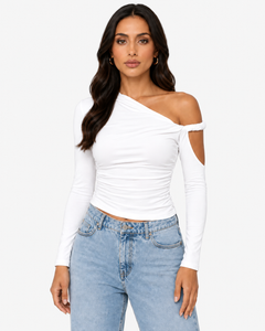 Mila Asymmetric Draped Long Sleeve Top - White