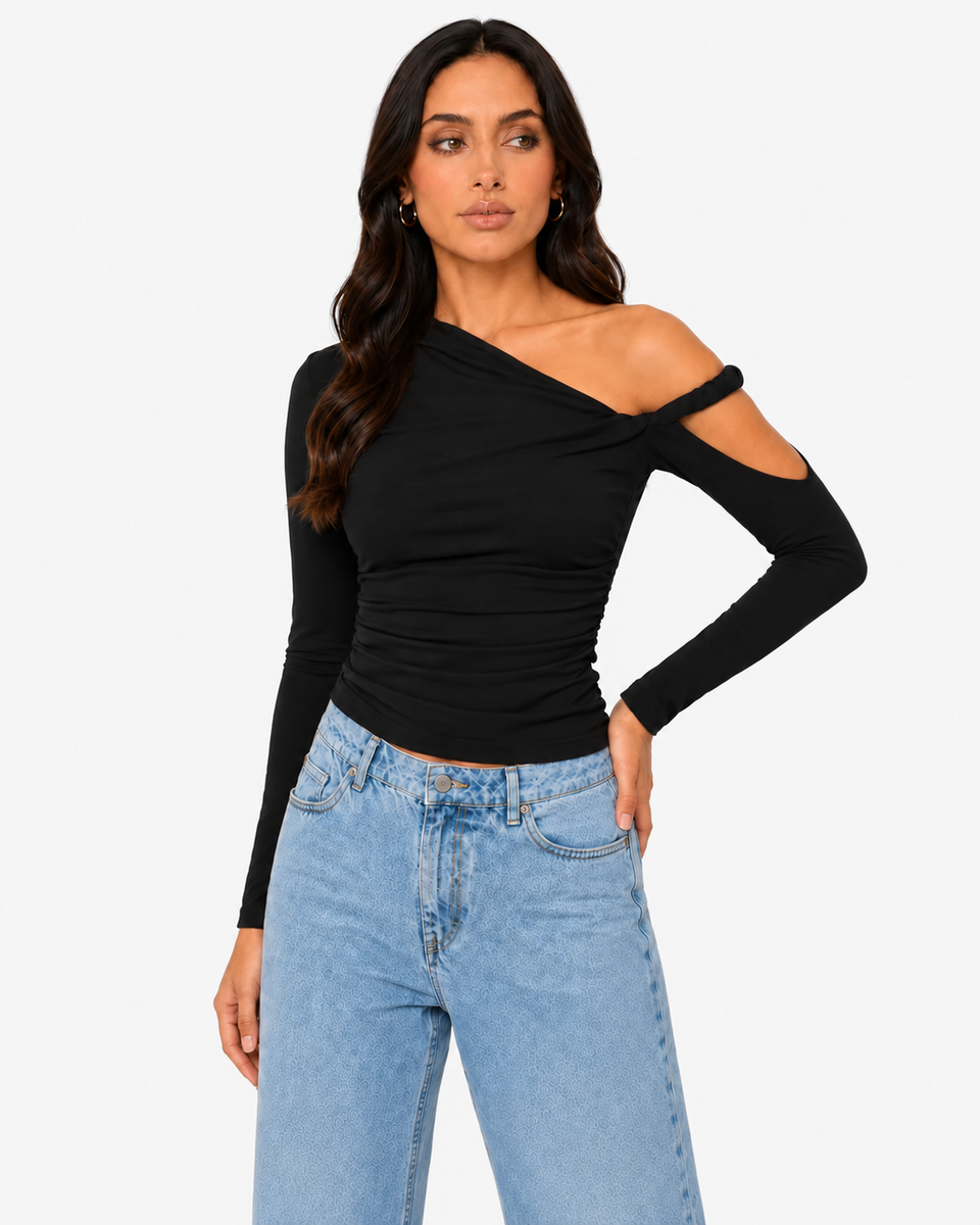 Mila Asymmetric Draped Long Sleeve Top - Black