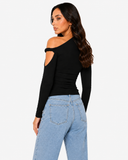Mila Asymmetric Draped Long Sleeve Top - Black