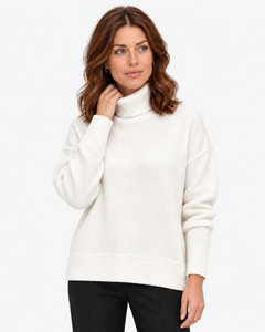 Naomi white roll-neck jumper, close-up front view