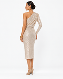 Noelle Sequin One Shoulder Midi Dress - Gold