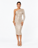 Noelle Sequin One Shoulder Midi Dress - Gold