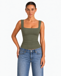 Nola Double Layer Square Neck Top - Army Green