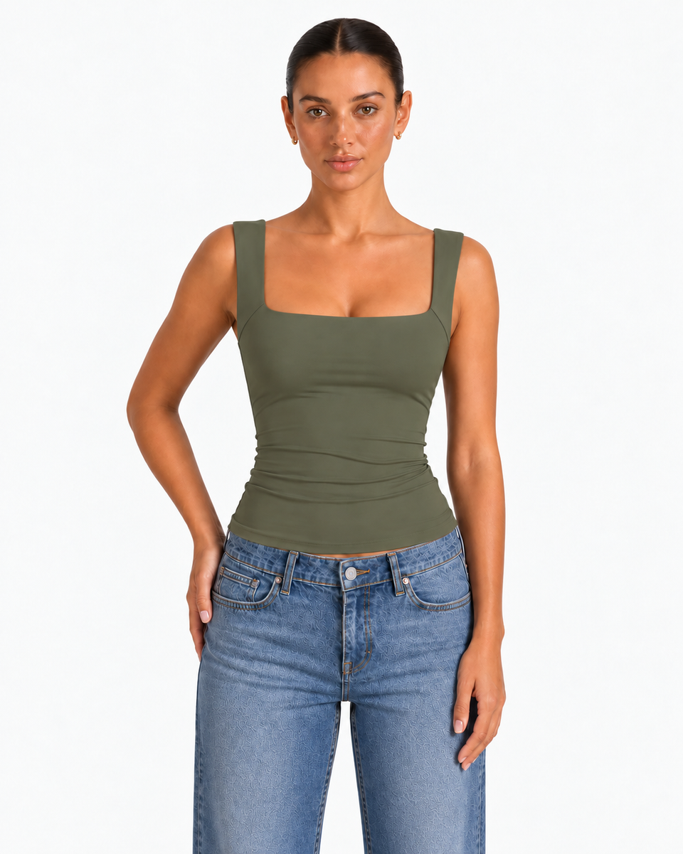 Nola Double Layer Square Neck Top - Army Green