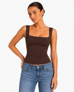 Nola Double Layer Square Neck Top - Brown