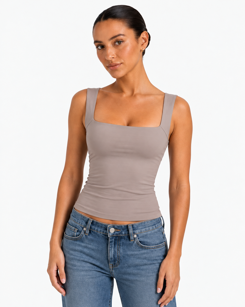 Nola Double Layer Square Neck Top - Taupe