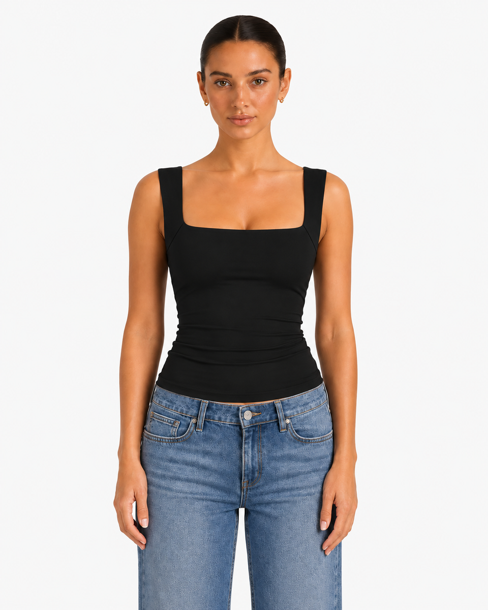 Nola Double Layer Square Neck Top - Black