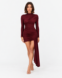 Odette Draped Long Sleeve Mini Dress - Burgundy