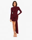 Odette Draped Long Sleeve Mini Dress - Burgundy