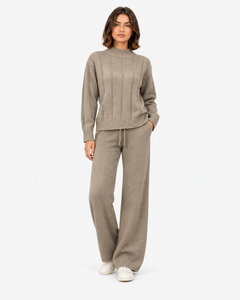 Ameline khaki ribbed knit jumper and wide-leg trouser set, full-length front view