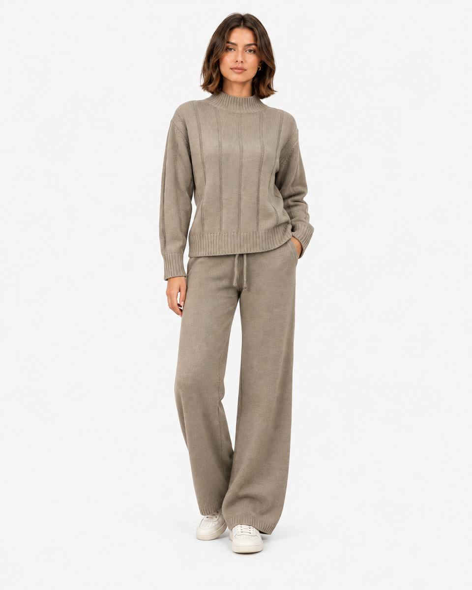 Ameline khaki ribbed knit jumper and wide-leg trouser set, full-length front view