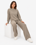 Ameline khaki jumper and drawstring trouser set, seated styling view