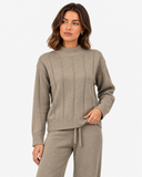 Ameline khaki knit jumper, close-up of the high neck, ribbed cuffs and vertical knit detailing