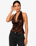 Sabrina Satin-Look Cowl Neck Halter Top - Brown