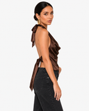 Sabrina Satin-Look Cowl Neck Halter Top - Brown
