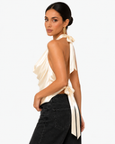 Sabrina Satin-Look Cowl Neck Halter Top - Champagne
