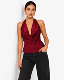 Sabrina Satin-Look Cowl Neck Halter Top - Burgundy