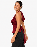 Sabrina Satin-Look Cowl Neck Halter Top - Burgundy