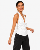 Sabrina Satin-Look Cowl Neck Halter Top - White