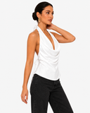 Sabrina Satin-Look Cowl Neck Halter Top - White