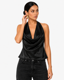Sabrina Satin-Look Cowl Neck Halter Top - Black