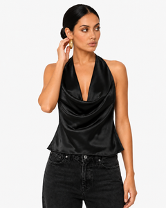 Sabrina Satin-Look Cowl Neck Halter Top - Black