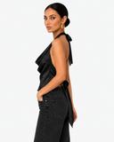 Sabrina Satin-Look Cowl Neck Halter Top - Black