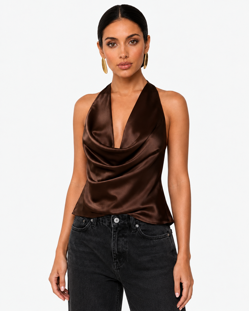 Sabrina Satin-Look Cowl Neck Halter Top in Brown, product view 1