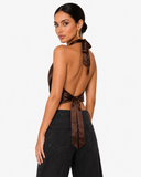 Sabrina Satin-Look Cowl Neck Halter Top in Brown, product view 2