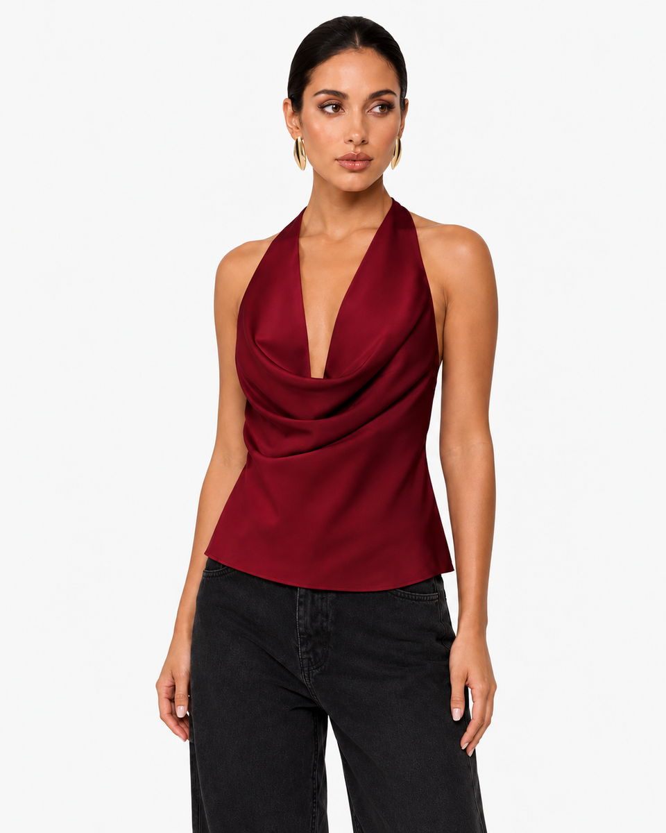 Sabrina Satin-Look Cowl Neck Halter Top in Wine Red, product view 1