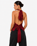 Sabrina Satin-Look Cowl Neck Halter Top in Wine Red, product view 2